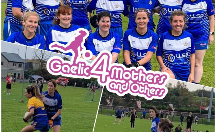 Collage of three images sporting group of female GAA players in LLSP jerseys.