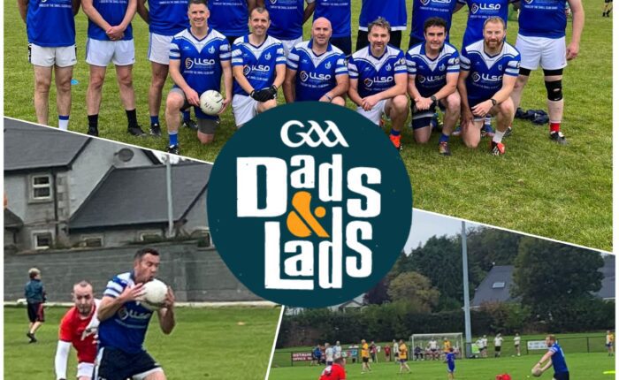 Collage of three images sporting group of male GAA players in LLSP jerseys.