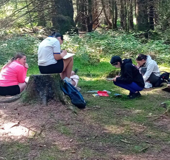 Girl sits on tree stump while others crouch down to draw in notebooks.