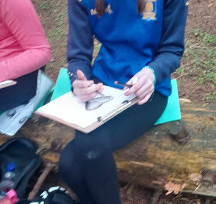 Girl draws on a clipboard while sitting on fallen tree trunk.