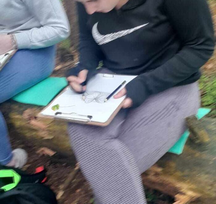 Girl draws on a clipboard while sitting on fallen tree trunk.