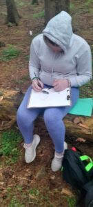 Girl draws on a clipboard while sitting on fallen tree trunk.