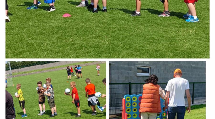 Collage of young children playing with soccer balls on a pitch.
