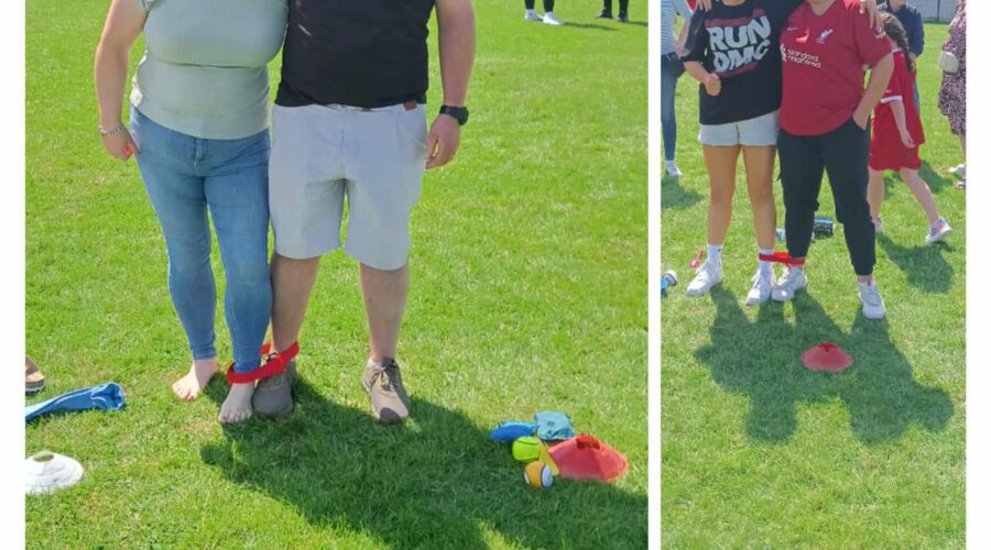 Collage of people partaking in one legged race.